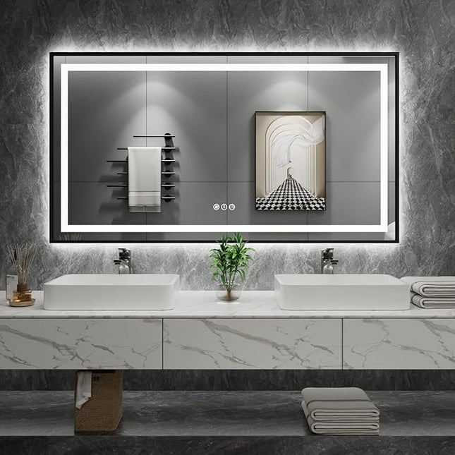 Amorho 55" X36" LED Bathroom Mirror Black Framed, Front Light and Backlit, Stepless Dimmable, Anti-Fog, Shatter-Proof, Memory, 3 Colors, Double LED Vanity Mirror