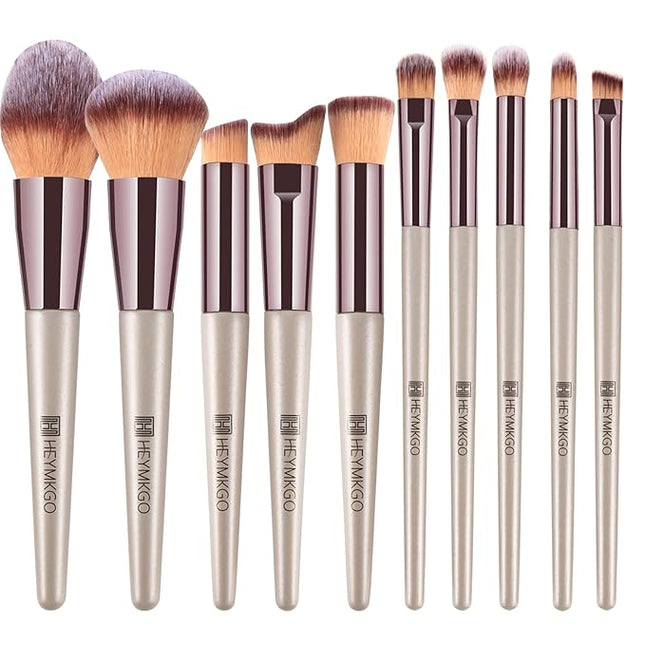 Makeup Brushes Set, HEYMKGO Portable Makeup Brush Set Professional Champagne Gold Premium Synthetic Foundation Brush Powder Concealers Eye Shadows Blush with Cosmetic Bag 10PCS Common Types