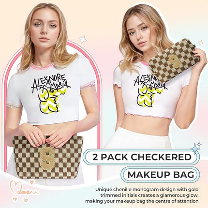 2PCS Checkered Makeup Bag for Women Personalized Initial Letter Makeup Bag Travel Toiletry Bag Organizer Cute Makeup Brushes Storage Bag Mother's Day Birthday Gift for Women (Brown D)