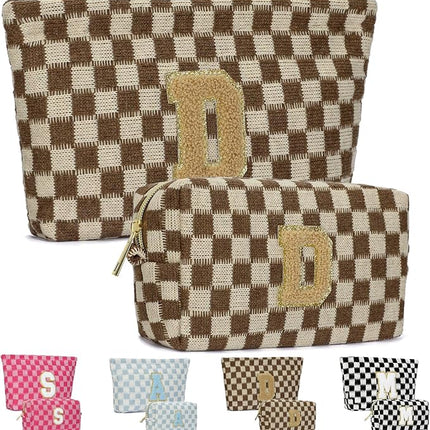 2PCS Checkered Makeup Bag for Women Personalized Initial Letter Makeup Bag Travel Toiletry Bag Organizer Cute Makeup Brushes Storage Bag Mother's Day Birthday Gift for Women (Brown D)