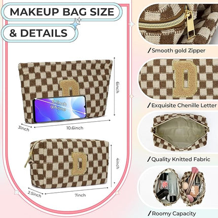 2PCS Checkered Makeup Bag for Women Personalized Initial Letter Makeup Bag Travel Toiletry Bag Organizer Cute Makeup Brushes Storage Bag Mother's Day Birthday Gift for Women (Brown D)