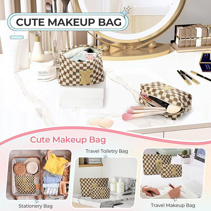 2PCS Checkered Makeup Bag for Women Personalized Initial Letter Makeup Bag Travel Toiletry Bag Organizer Cute Makeup Brushes Storage Bag Mother's Day Birthday Gift for Women (Brown D)
